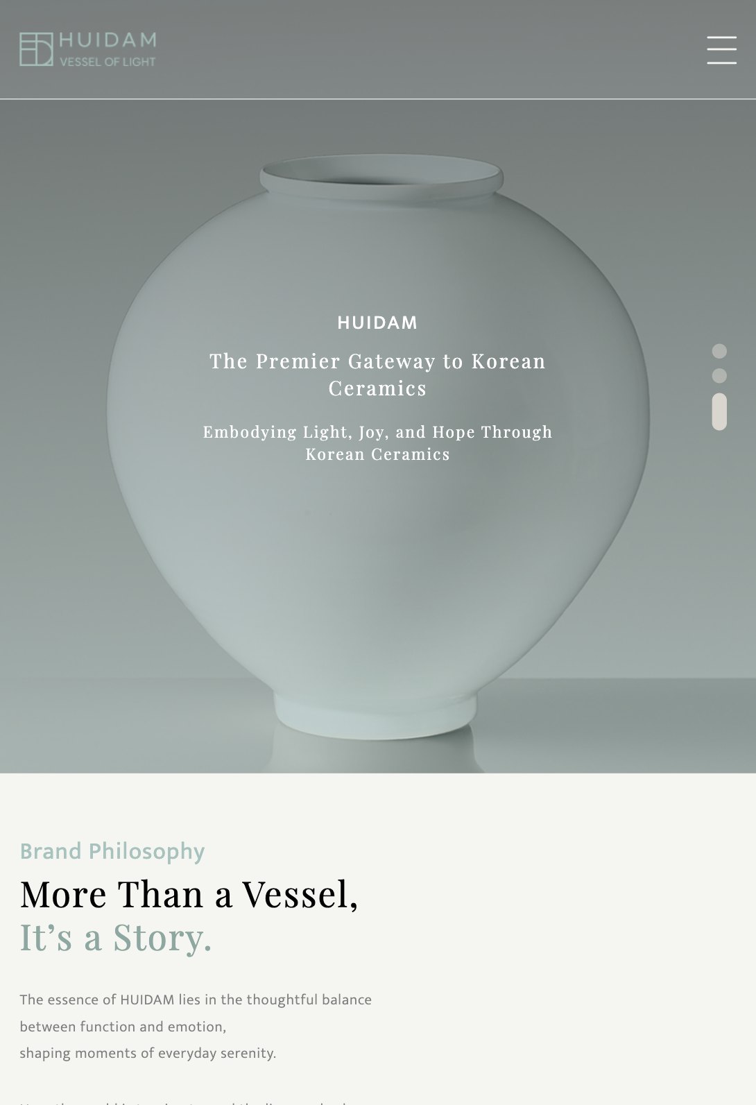 한국 도자의 빛과 이야기를 세계에 잇는 도자 큐레이션 웹사이트 태블릿 화면