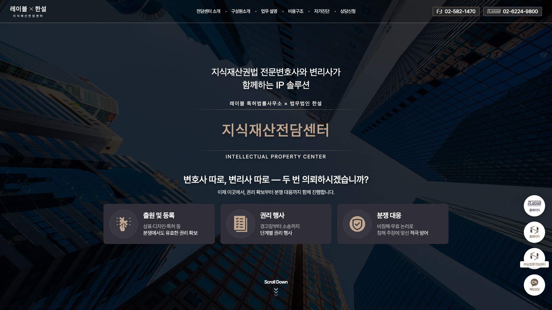 변호사와 변리사가 한 팀으로 움직이는 IP 법률 랜딩페이지 PC 화면