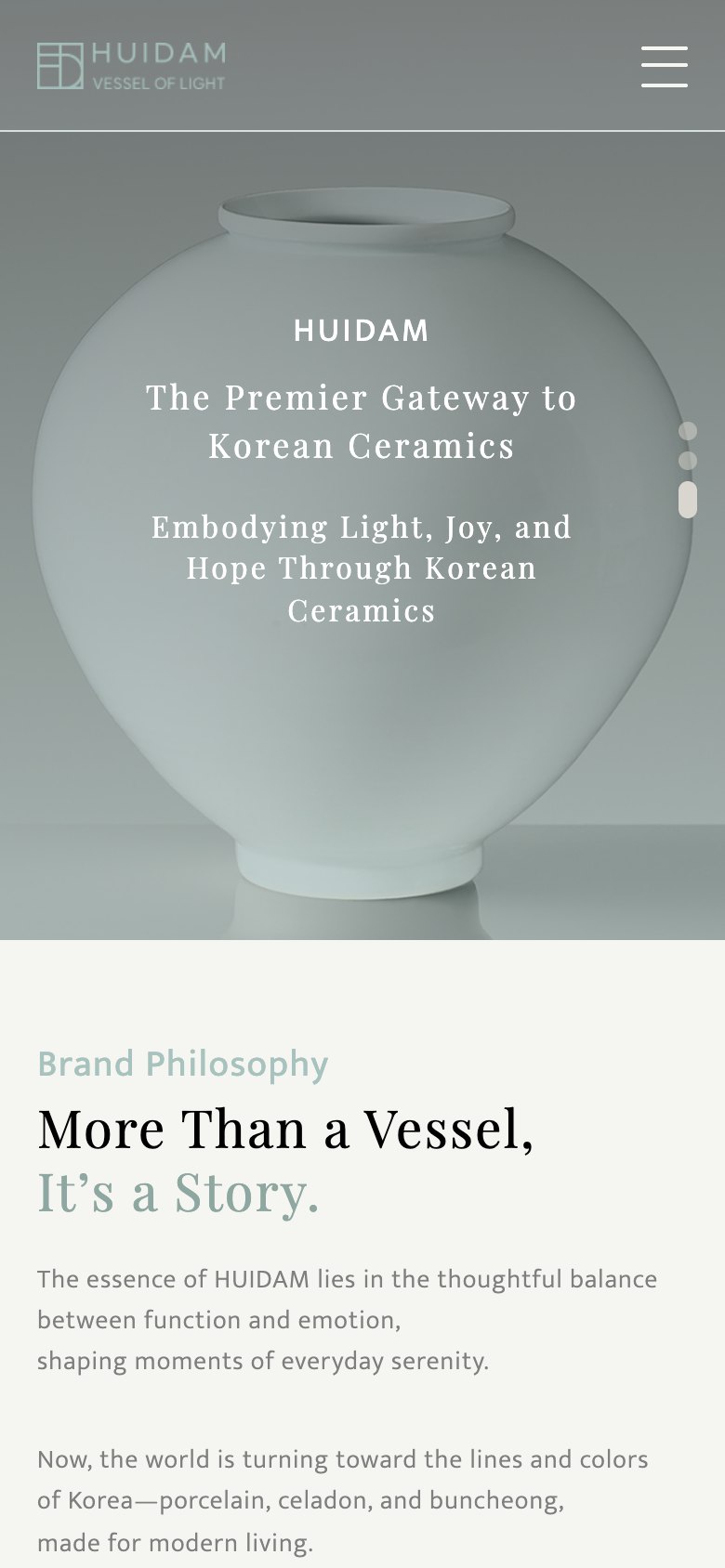 한국 도자의 빛과 이야기를 세계에 잇는 도자 큐레이션 웹사이트 모바일 화면