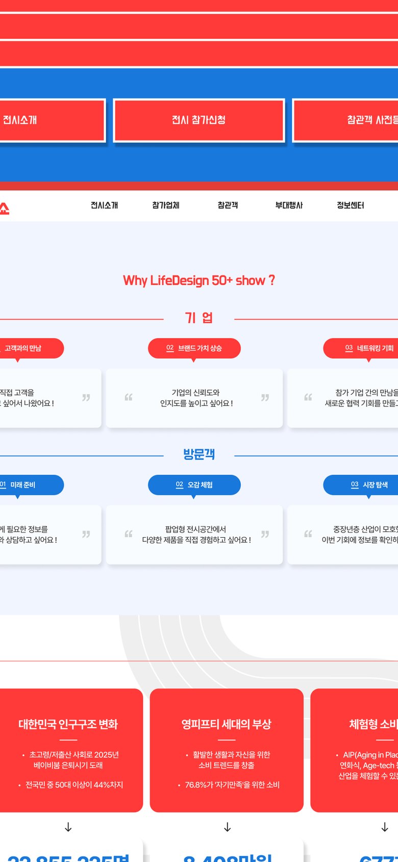 50+ 세대 산업 전시회 참가 신청을 안내하는 라디오쇼 웹사이트 모바일 화면